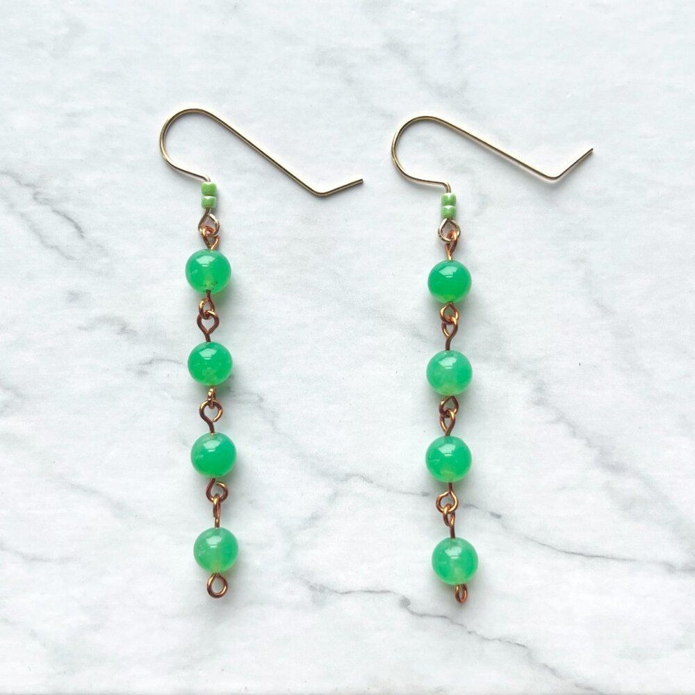 Mint Green Round Glass Bead Dangle Drop Earrings